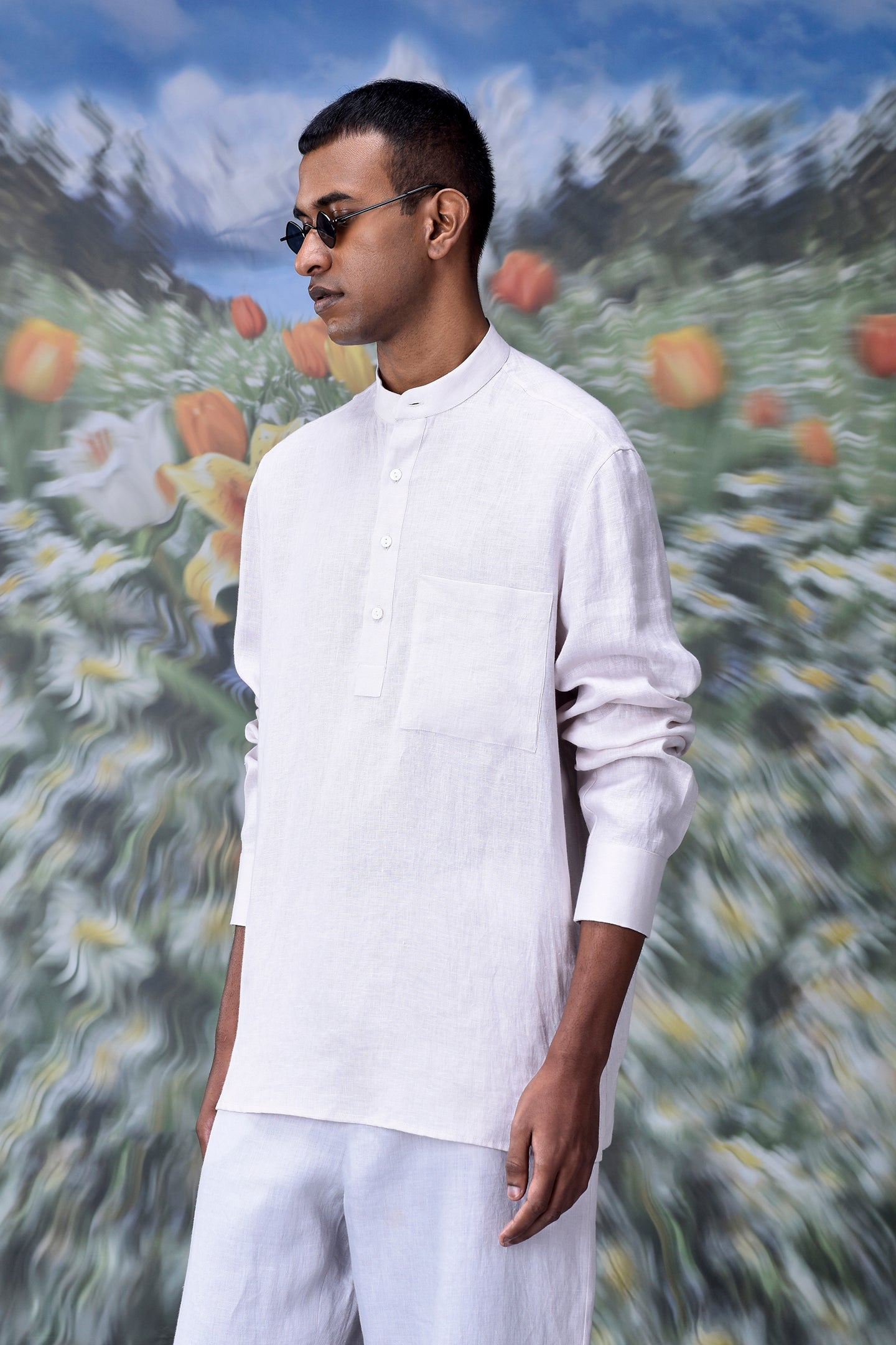 Stylera white linen casual shirt for men long sleeve band collar relaxed fit