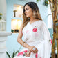 Elegant white organza saree for women with floral prints, perfect for festive occasions