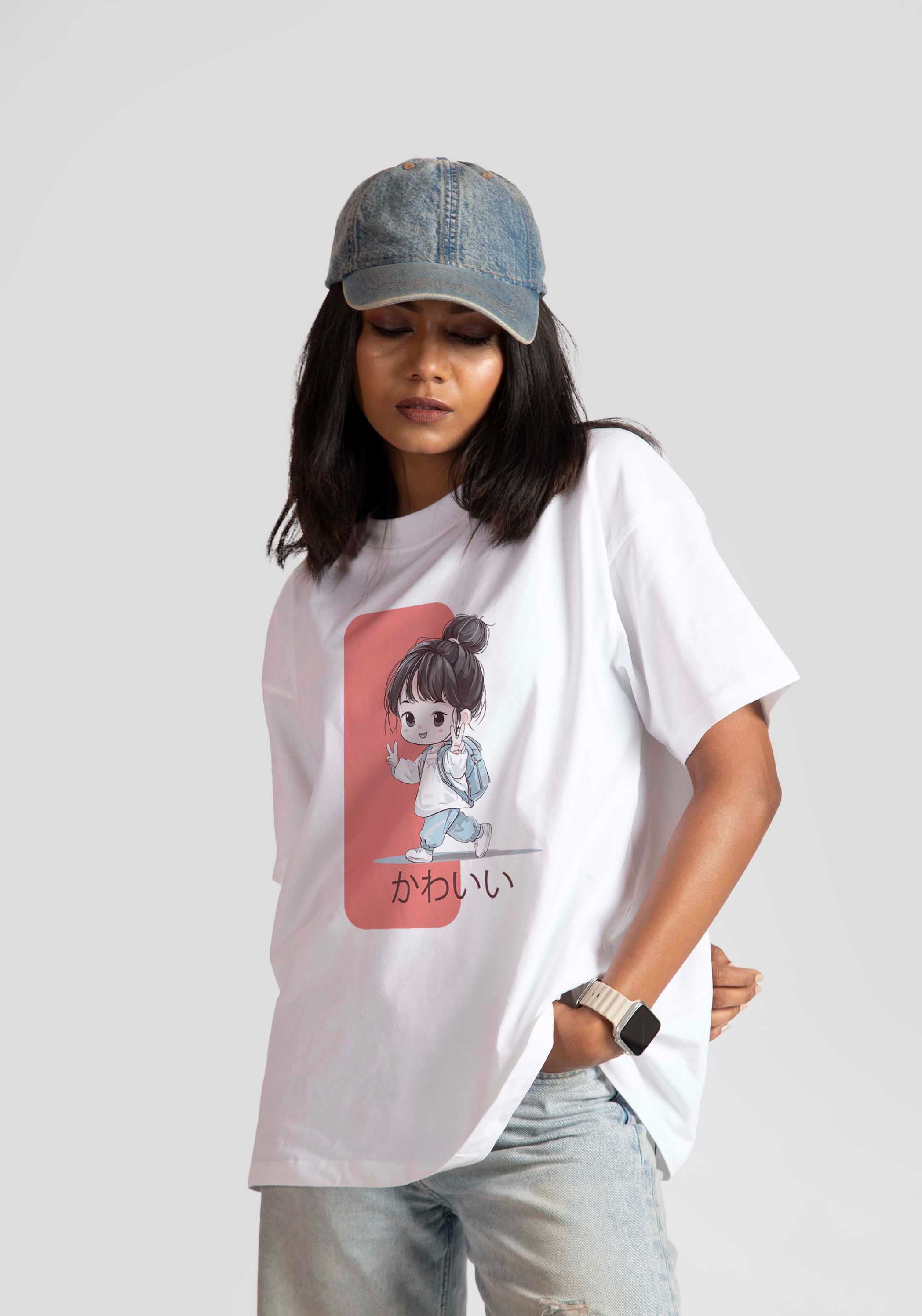 Stylera white oversized anime t-shirt for women featuring a cute cartoon girl graphic