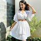 Stylish white summer dress for women with puff sleeves and a belted waist, perfect for warm weather