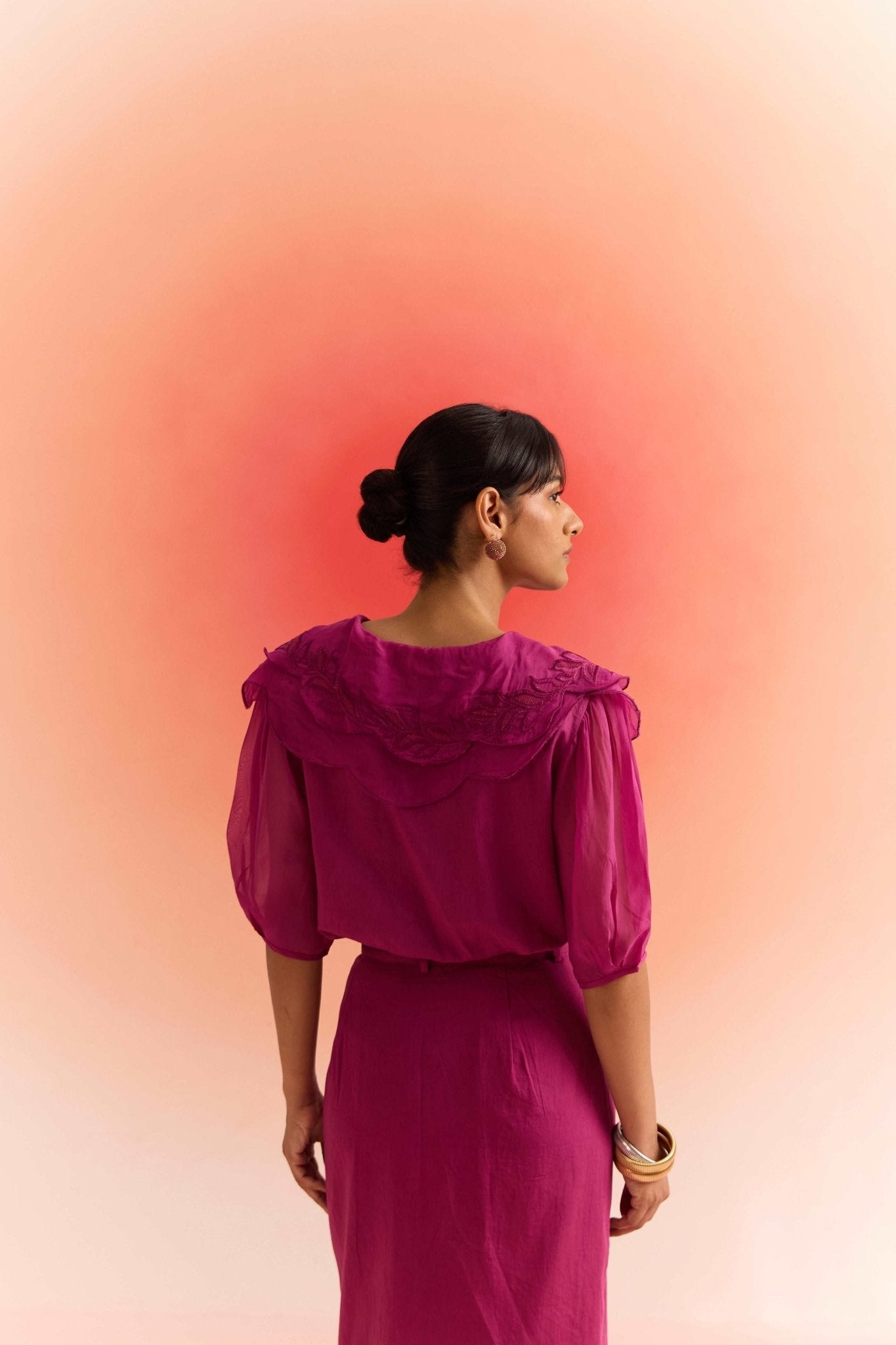 Stylera wine embroidered scalloped top with sheer sleeves and detailed back design