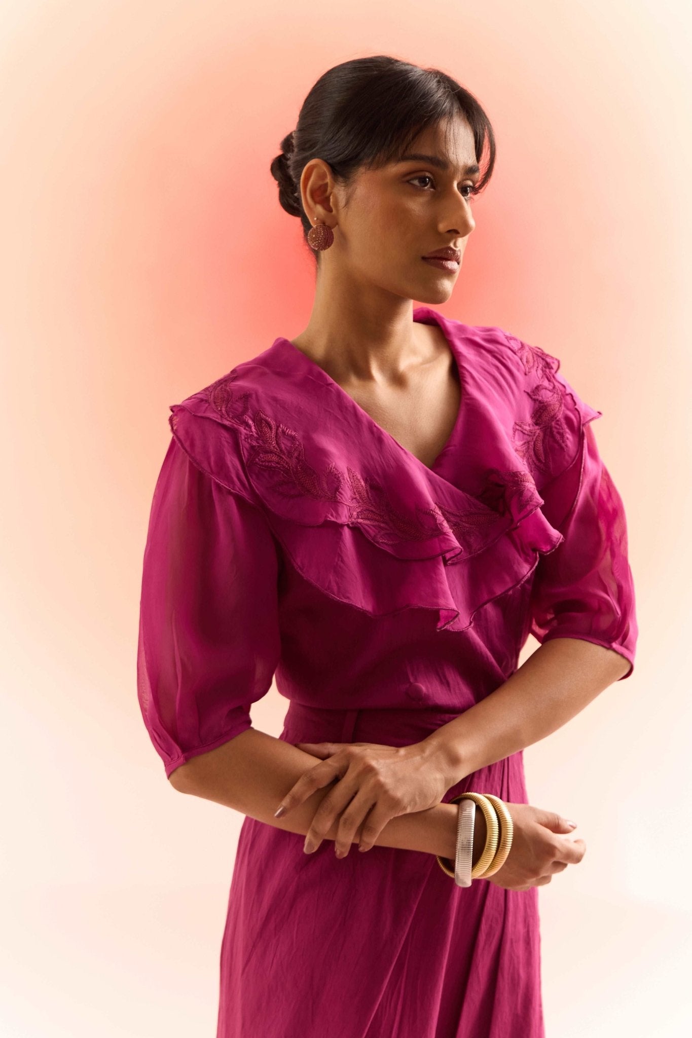 Stylera wine embroidered scalloped top with ruffled neckline and three-quarter sleeves