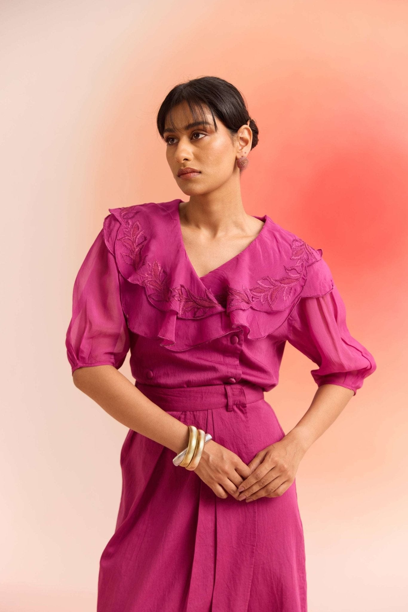 Stylera wine embroidered scalloped top with ruffled collar and elbow-length sleeves