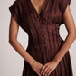 Stylera wine red v neck dress with button details and pleated design on model