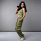 Stylish woman wearing women's cargo parachute pants with crop top in olive green, perfect for casual outings