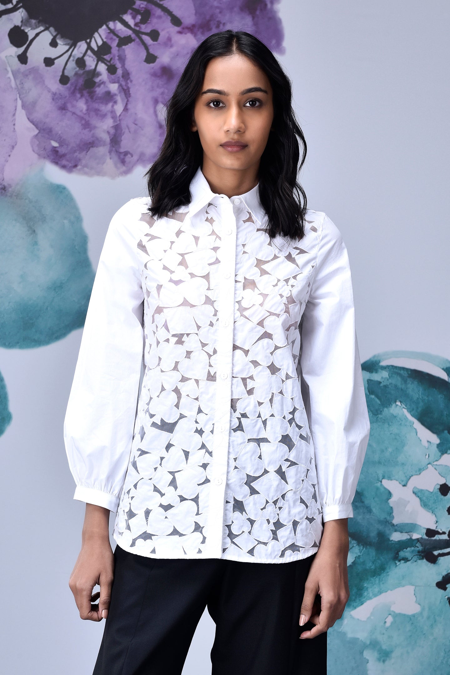 Stylera women's casual chic white shirt with floral lace front collared button down long sleeves