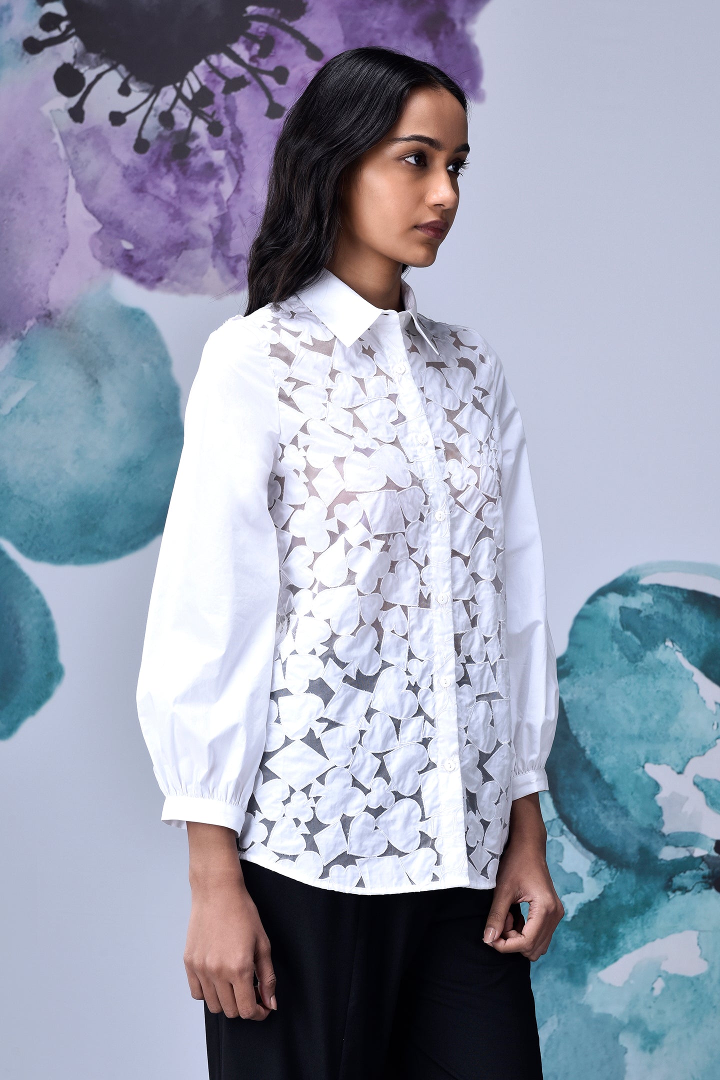 Stylera women's casual chic white shirt with floral lace front long cuffed sleeves and pointed collar
