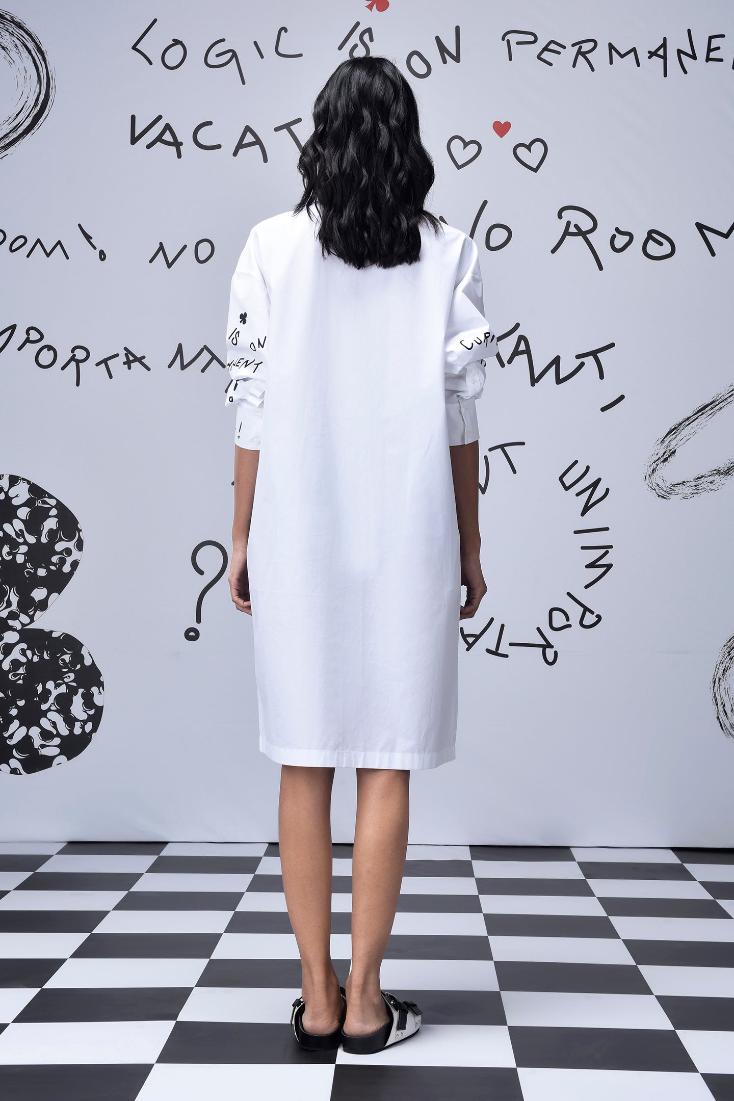 Stylera women’s casual shirt dress with print white knee length back view on checkered floor