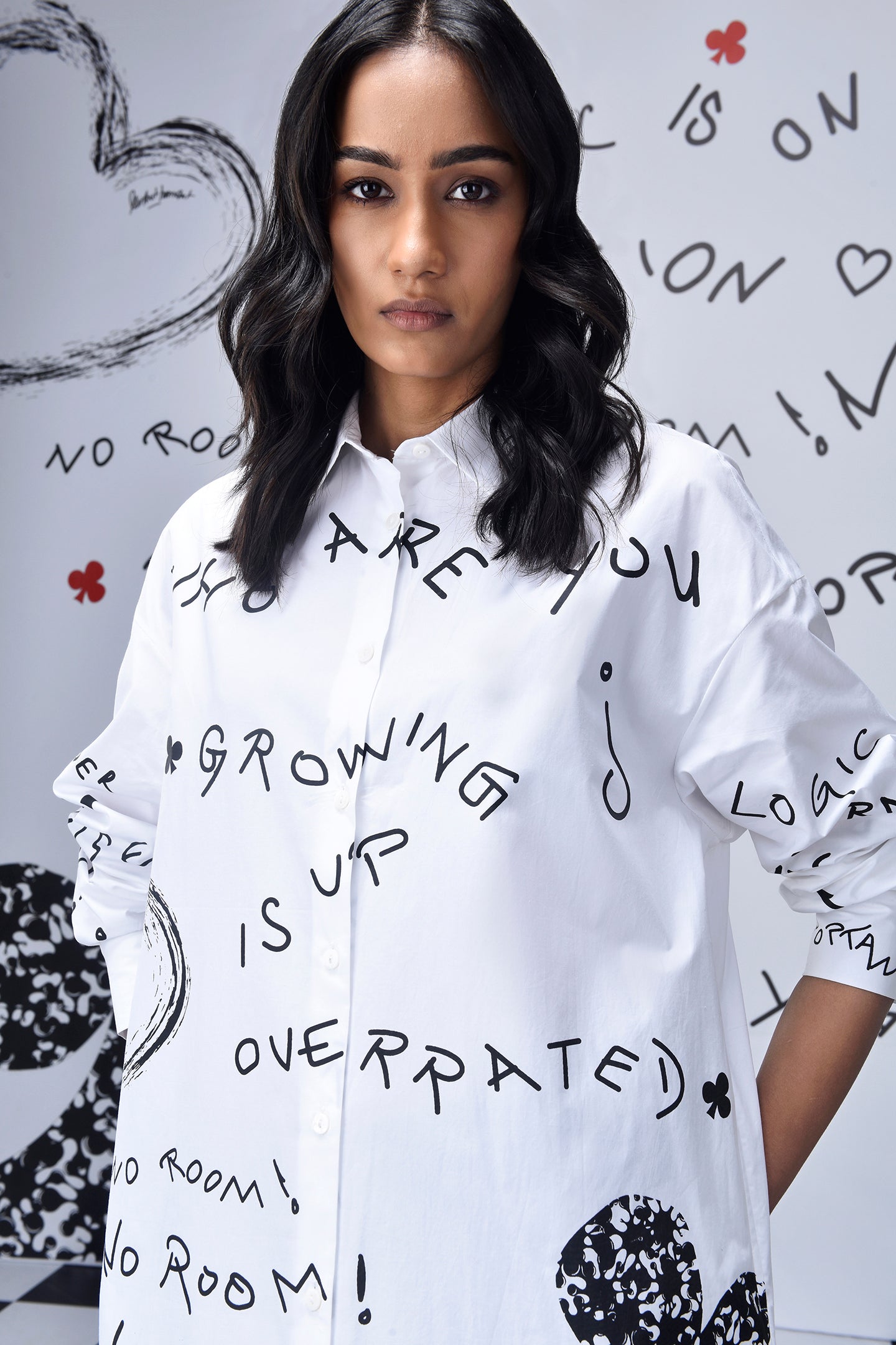 Stylera women’s casual shirt dress with print oversized white button through shirt with black handwritten text