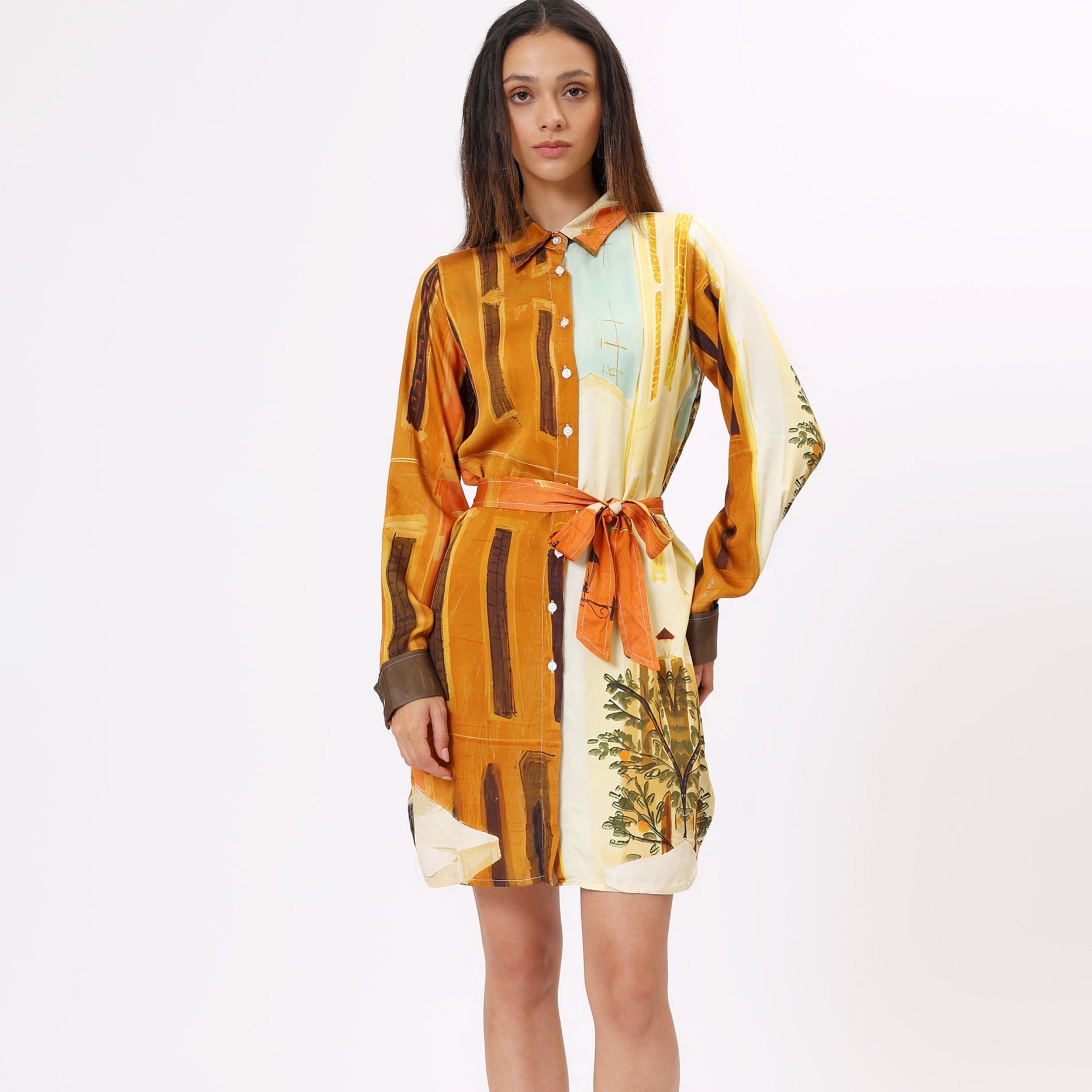 Stylera women's casual statement dress in colorful print with a belted waist detail