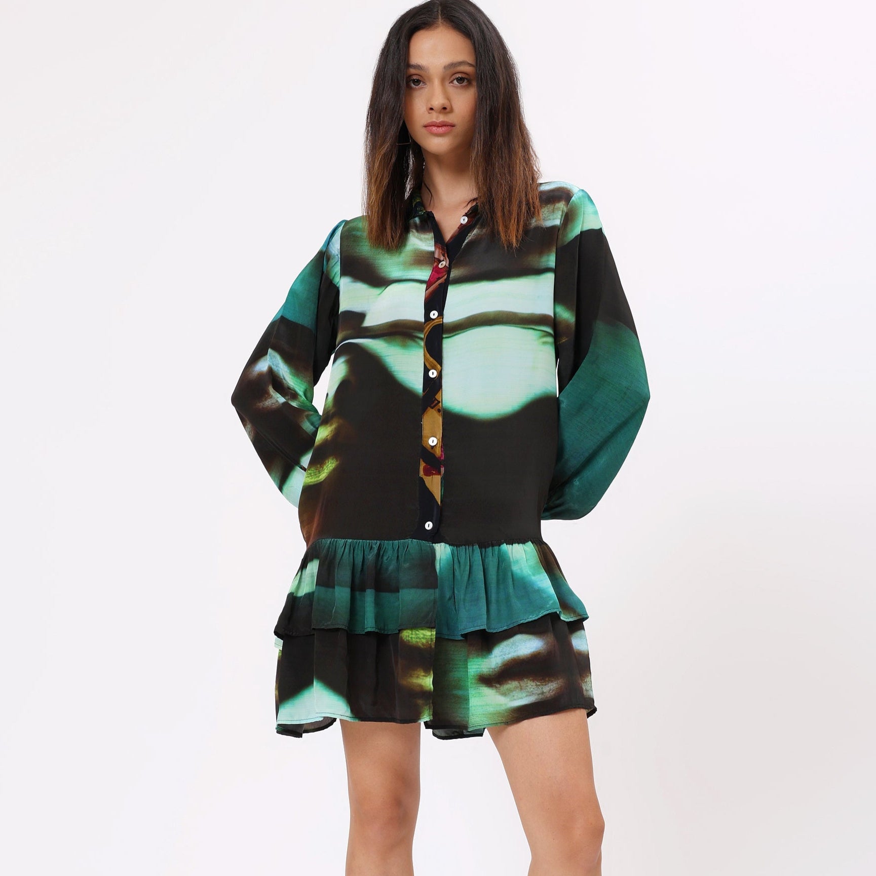 Stylera women's casual statement dress in abstract print with tiered hem and button-up design