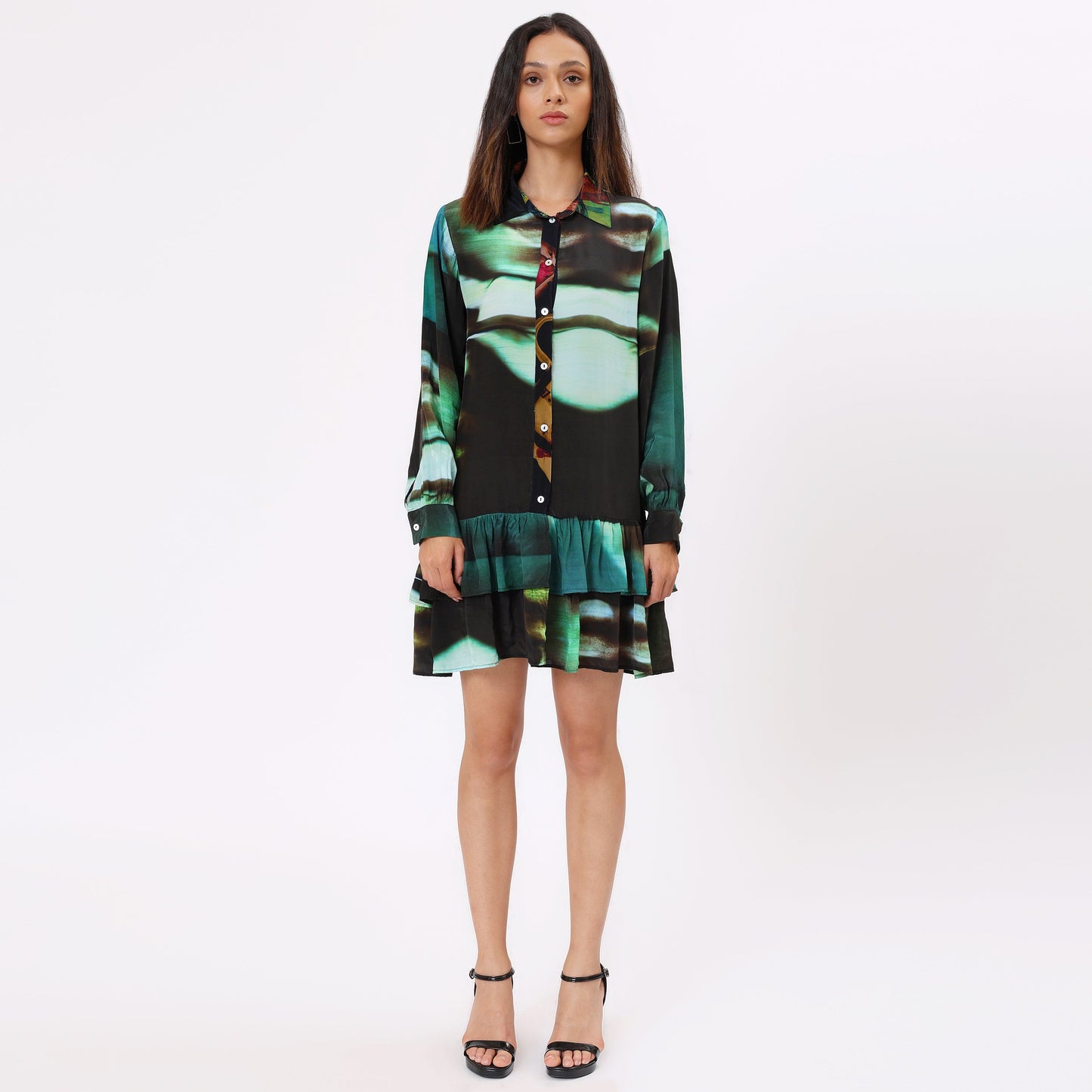 Stylera women's casual statement dress in black and teal with a button-up design and ruffle hem