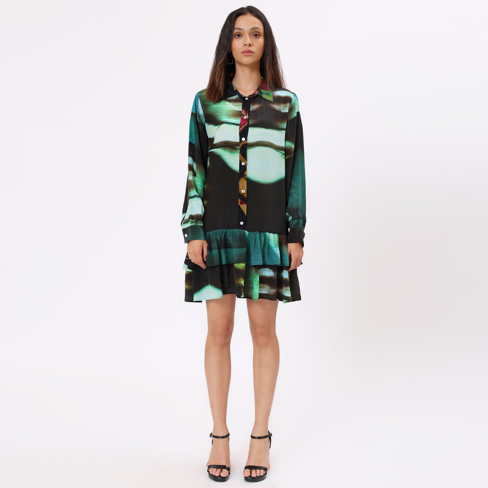 Stylera women's casual statement dress in black and teal with a button-up design and ruffle hem