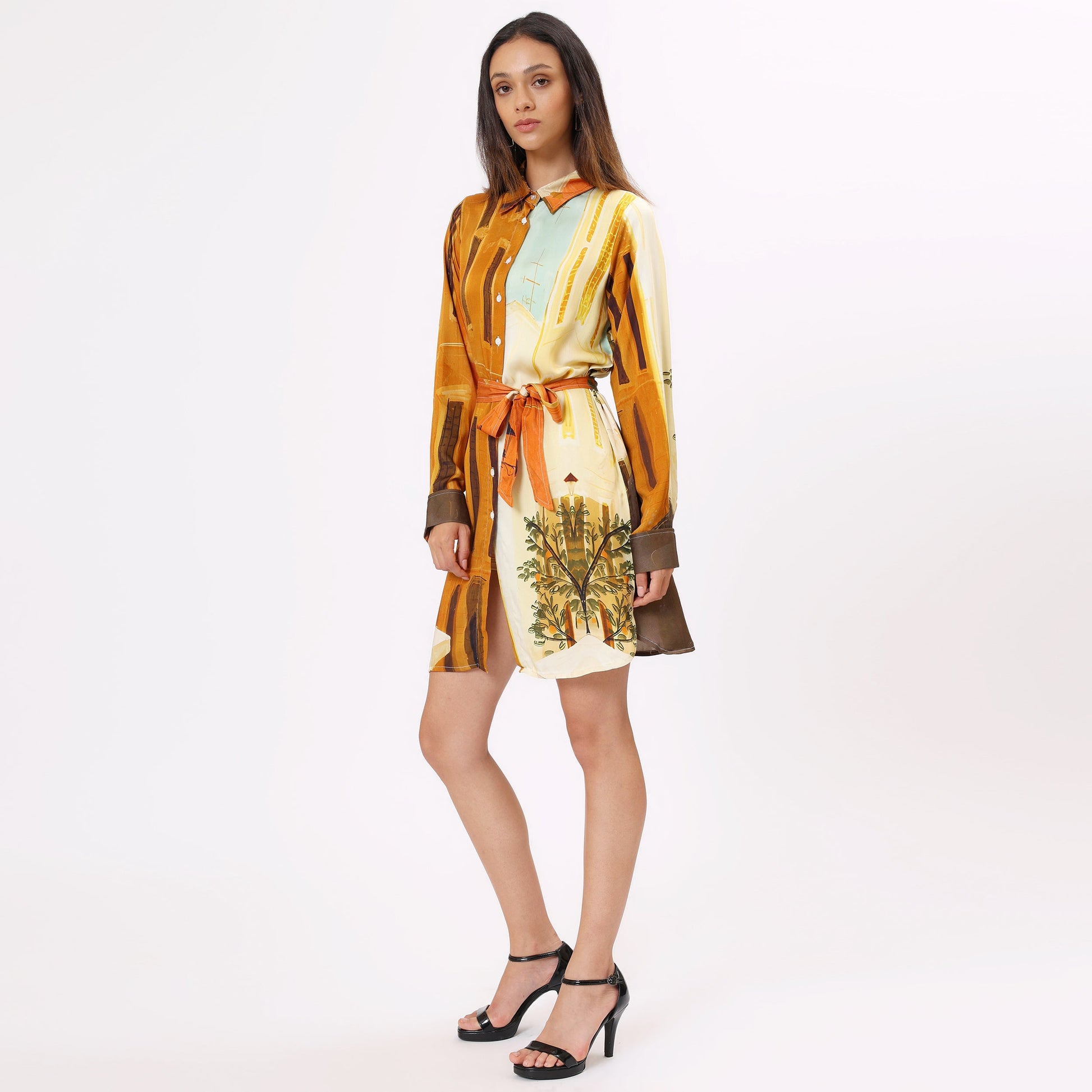 Stylera women's casual statement dress featuring a colorful design and belted waist for a chic look