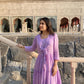 women's elegant long dress in lavender with a flowing tiered design and tied front detail
