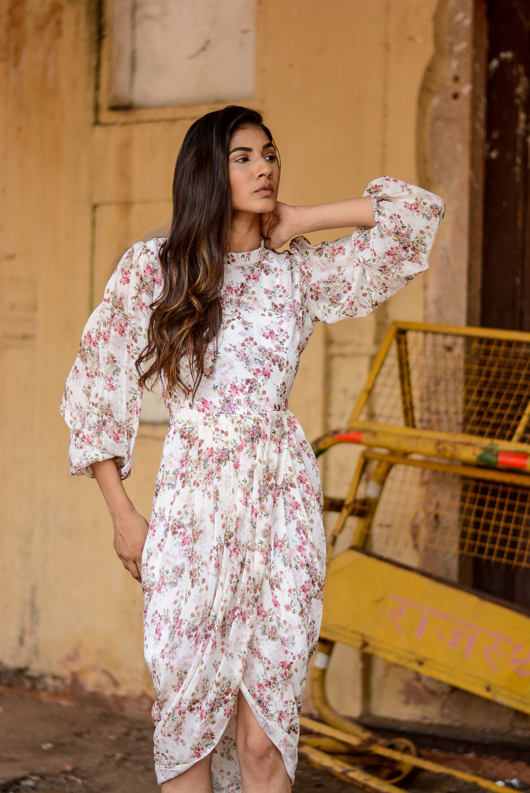 Elegant women's floral dhoti style dress with puff sleeves and fitted waist for a stylish look