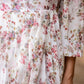 Close-up of a women's floral dhoti style dress featuring a vibrant floral pattern