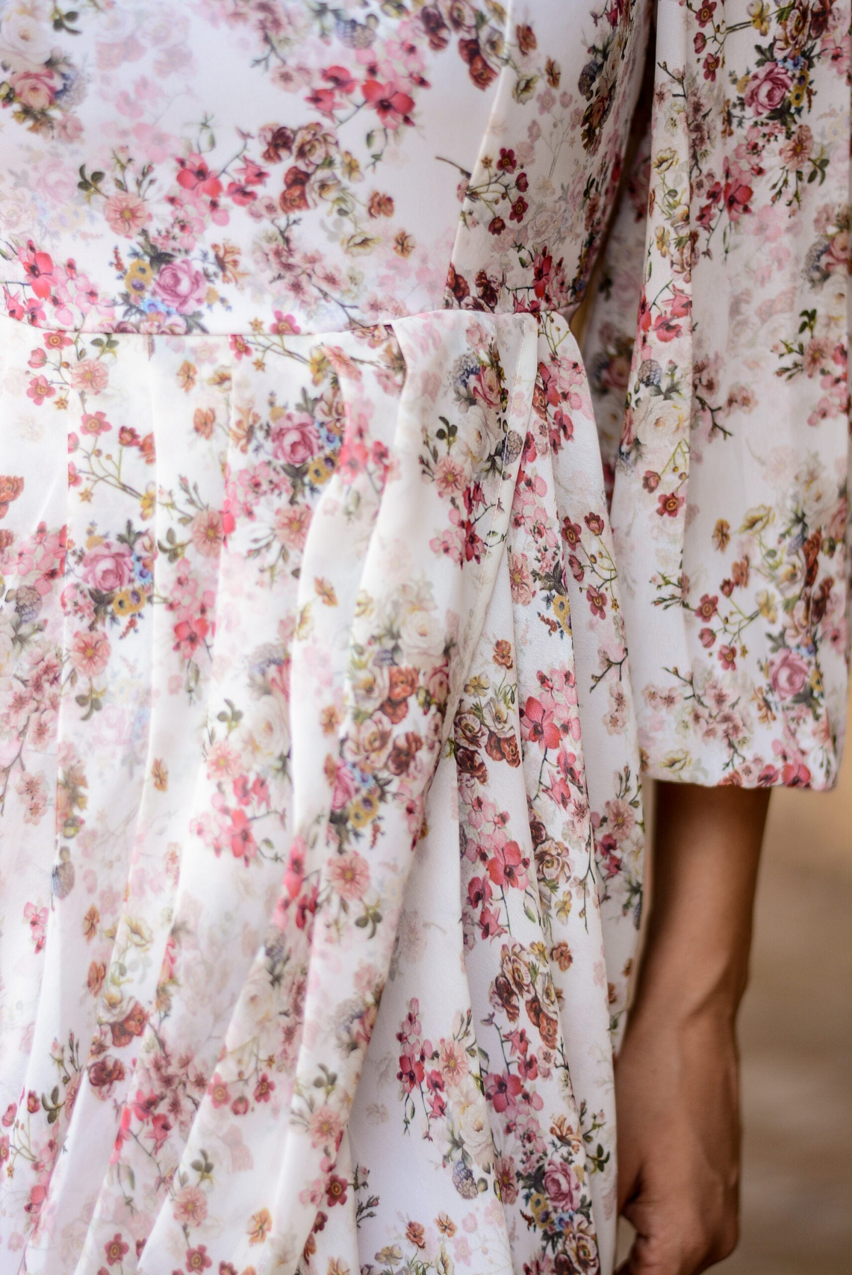 Close-up of a women's floral dhoti style dress featuring a vibrant floral pattern