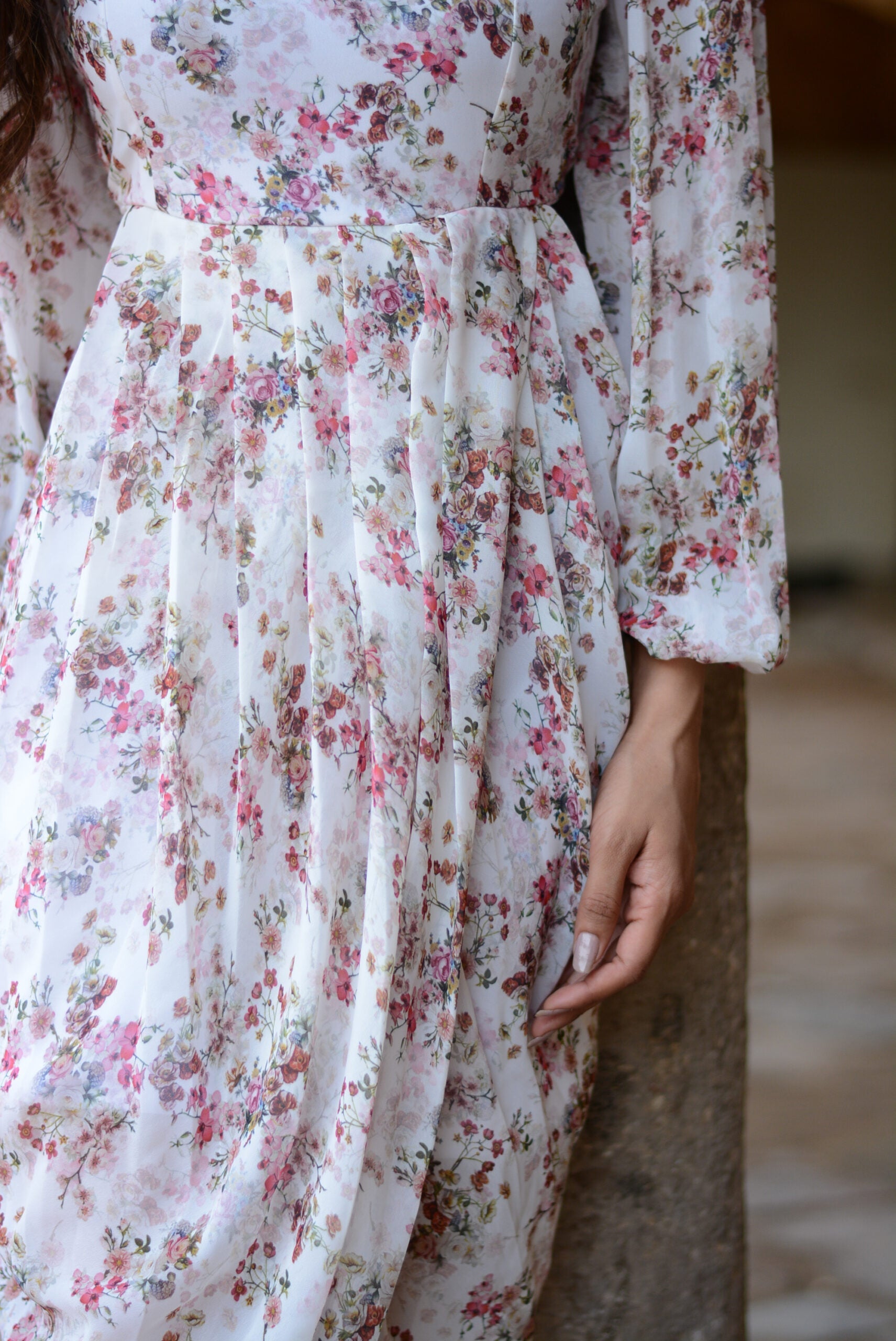 Elegant women's floral dhoti style dress with delicate floral patterns and flowing fabric