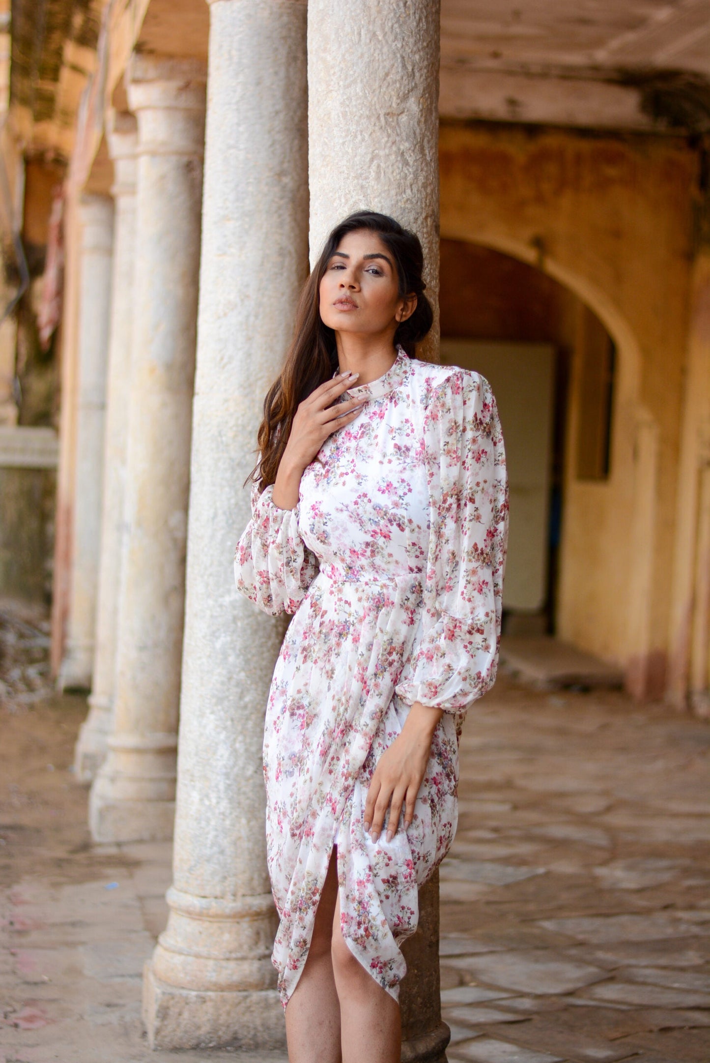 Stylera women's floral dhoti style dress with puff sleeves and a stylish slit, perfect for casual outings