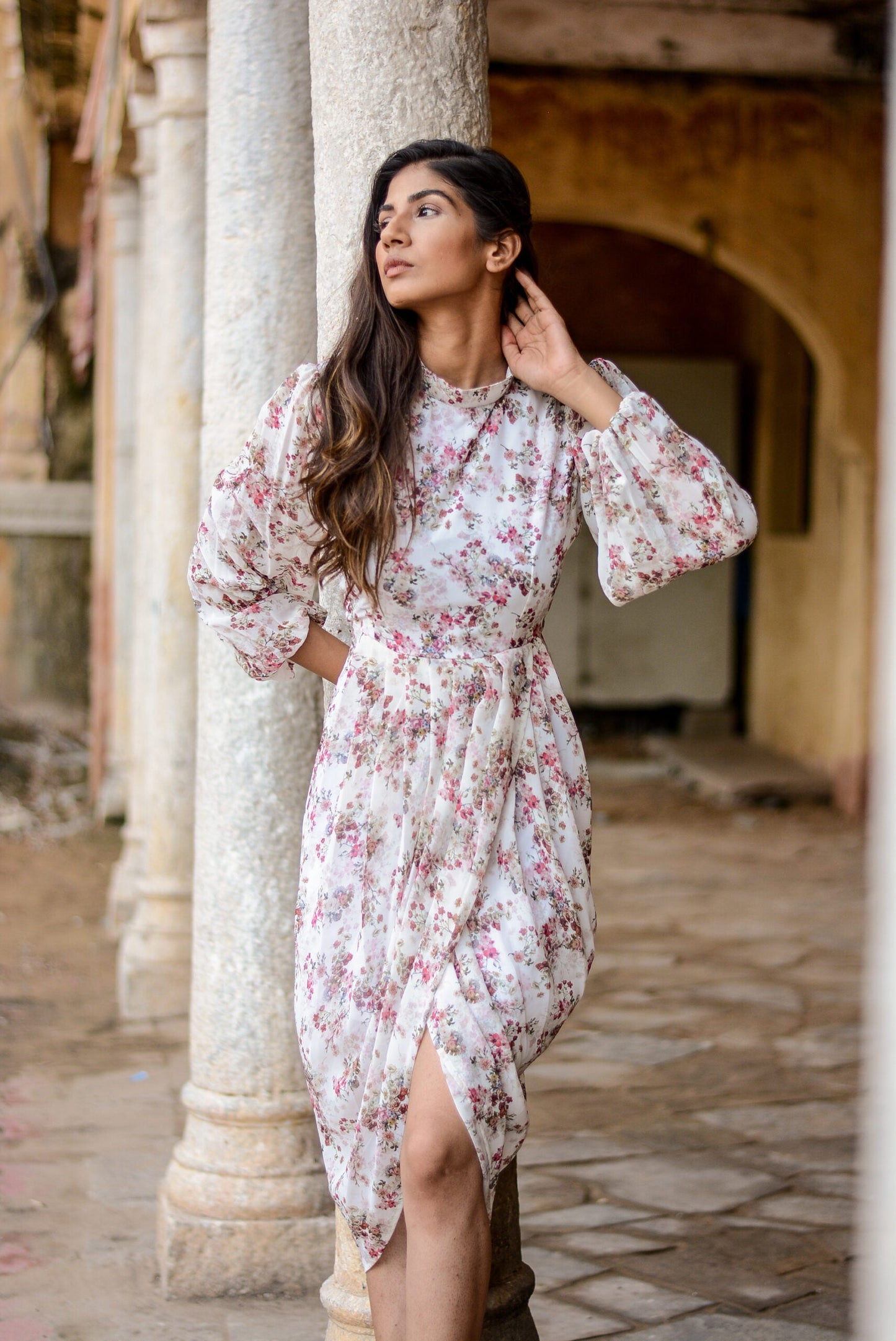 Stylera women's floral dhoti style dress with long sleeves and elegant draping details