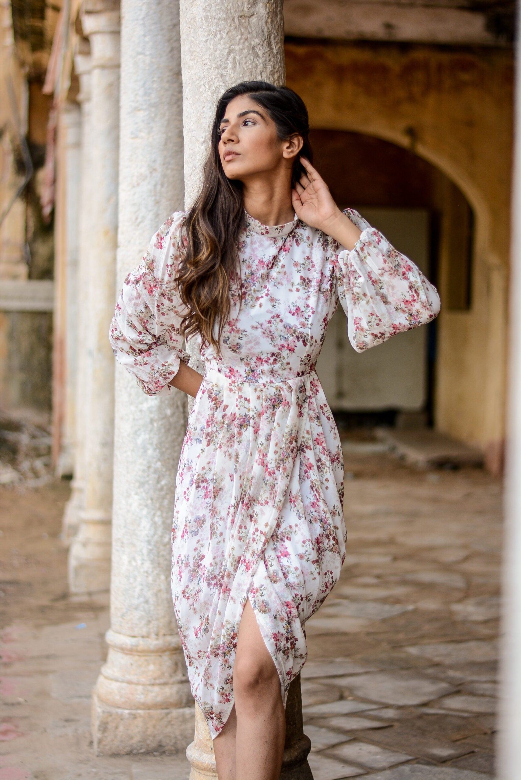 Stylera women's floral dhoti style dress with long sleeves and elegant draping details