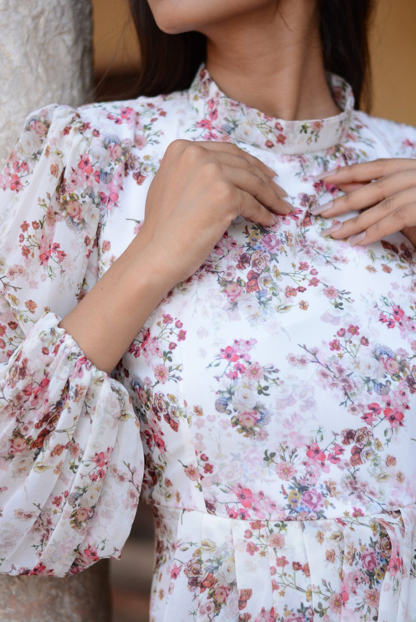 Elegant women's floral dhoti style dress with billowy sleeves and a chic neckline