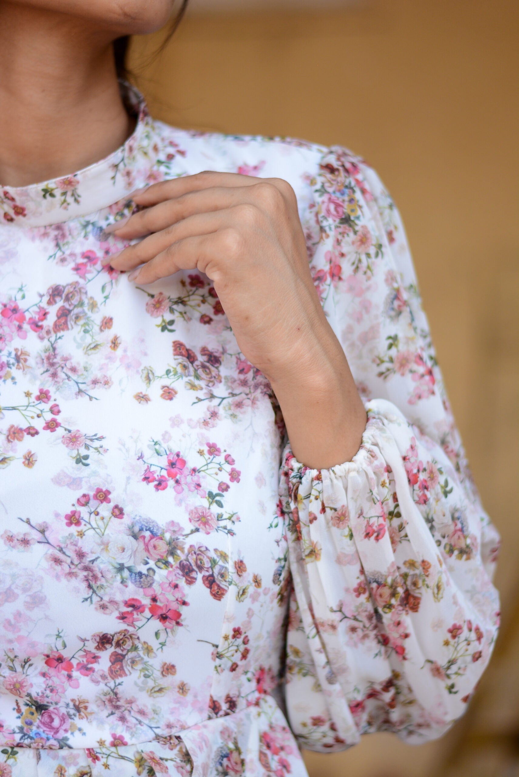 Women's floral dhoti style dress with elegant floral patterns and long puff sleeves