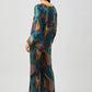 Stylera women's geometric print lounge set featuring long sleeves and wide-leg pants in blue and brown tones
