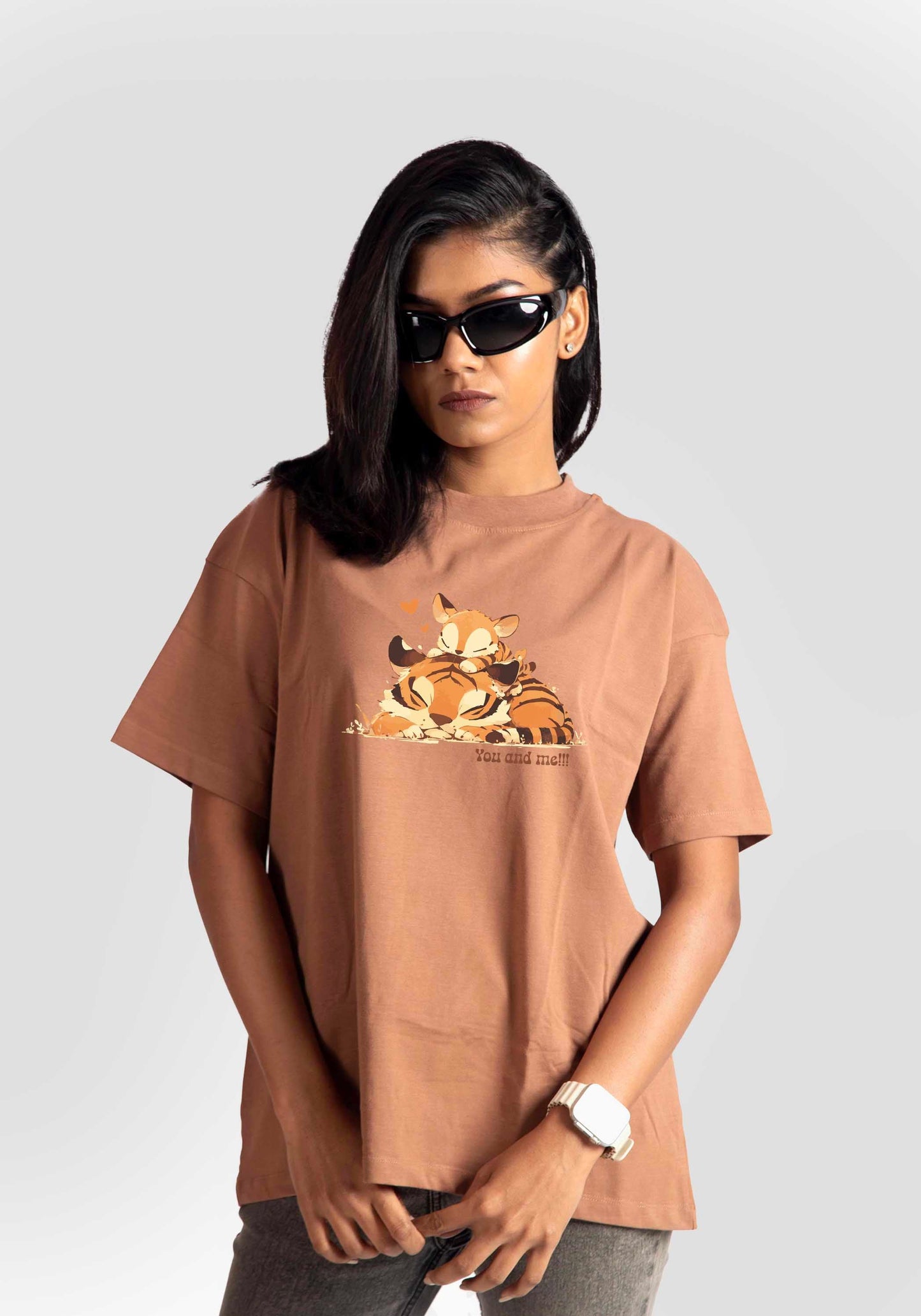 Stylera womens graphic oversized mocha tee featuring a relaxed fit and cartoon tiger design