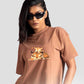 Stylera womens graphic oversized mocha tee with tiger graphic worn by model with sunglasses