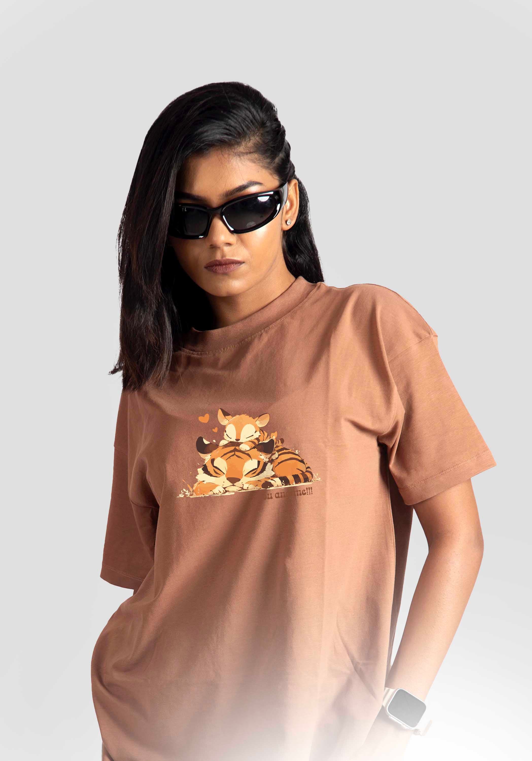 Stylera womens graphic oversized mocha tee with tiger graphic worn by model with sunglasses