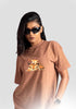 Stylera womens graphic oversized mocha tee with tiger graphic worn by model with sunglasses