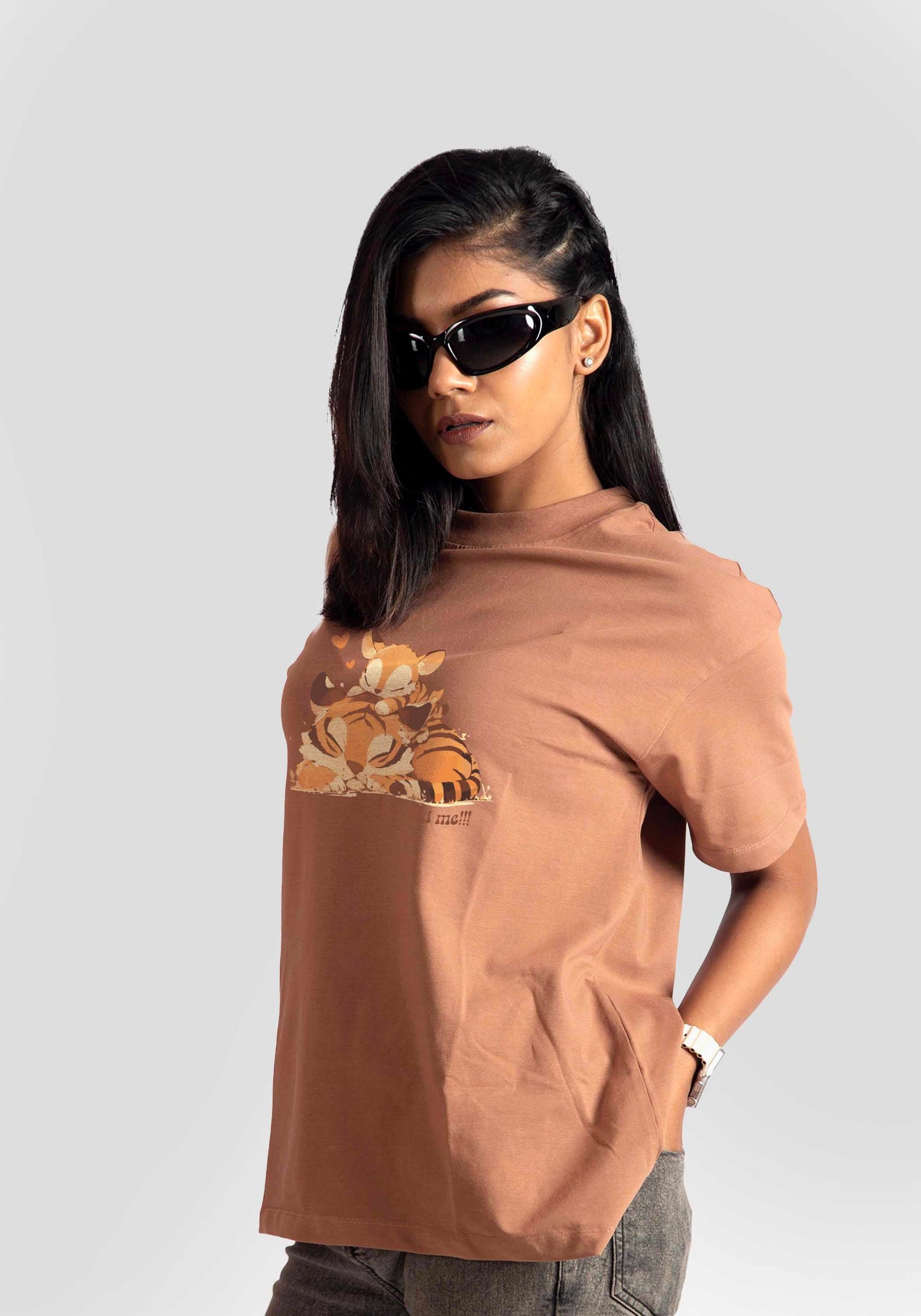 Womens graphic oversized mocha tee by Stylera with cartoon print and relaxed fit