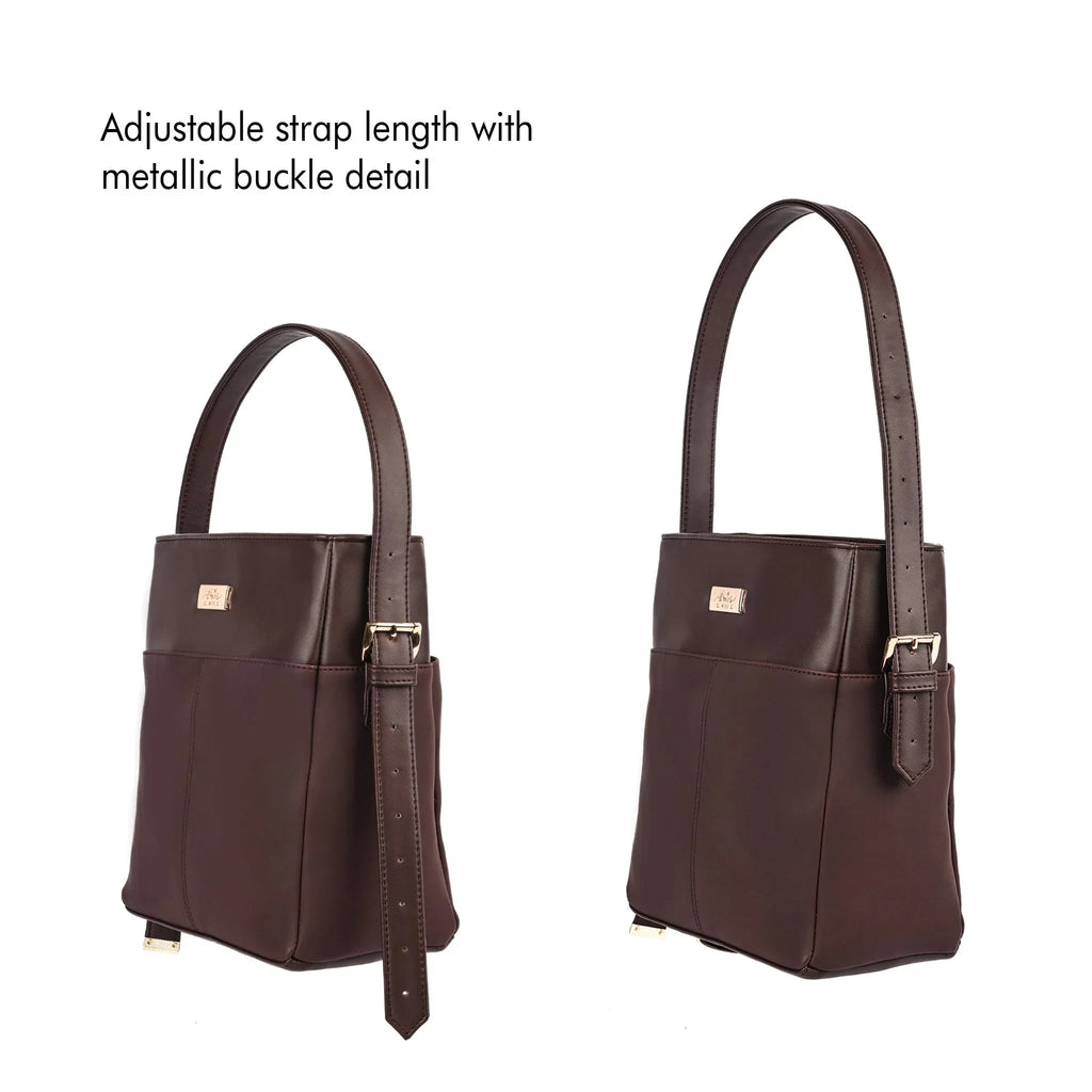 Stylera women's leather shoulder bag with adjustable strap and metallic buckle detail