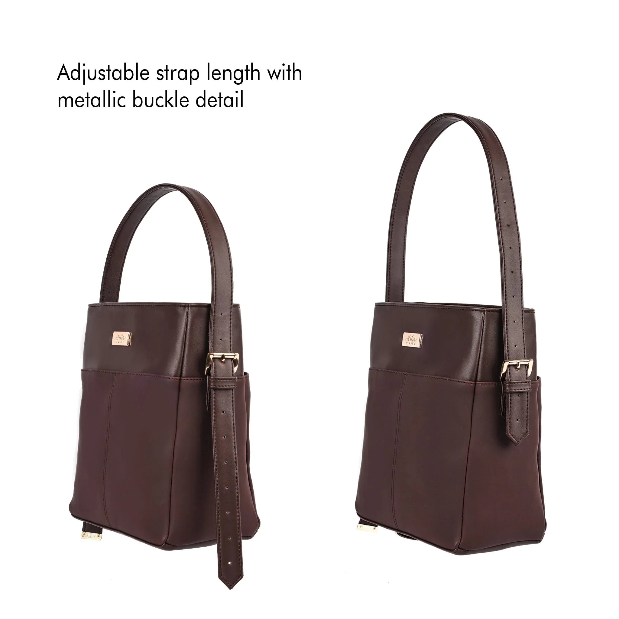 Stylera women's leather shoulder bag with adjustable strap and metallic buckle detail