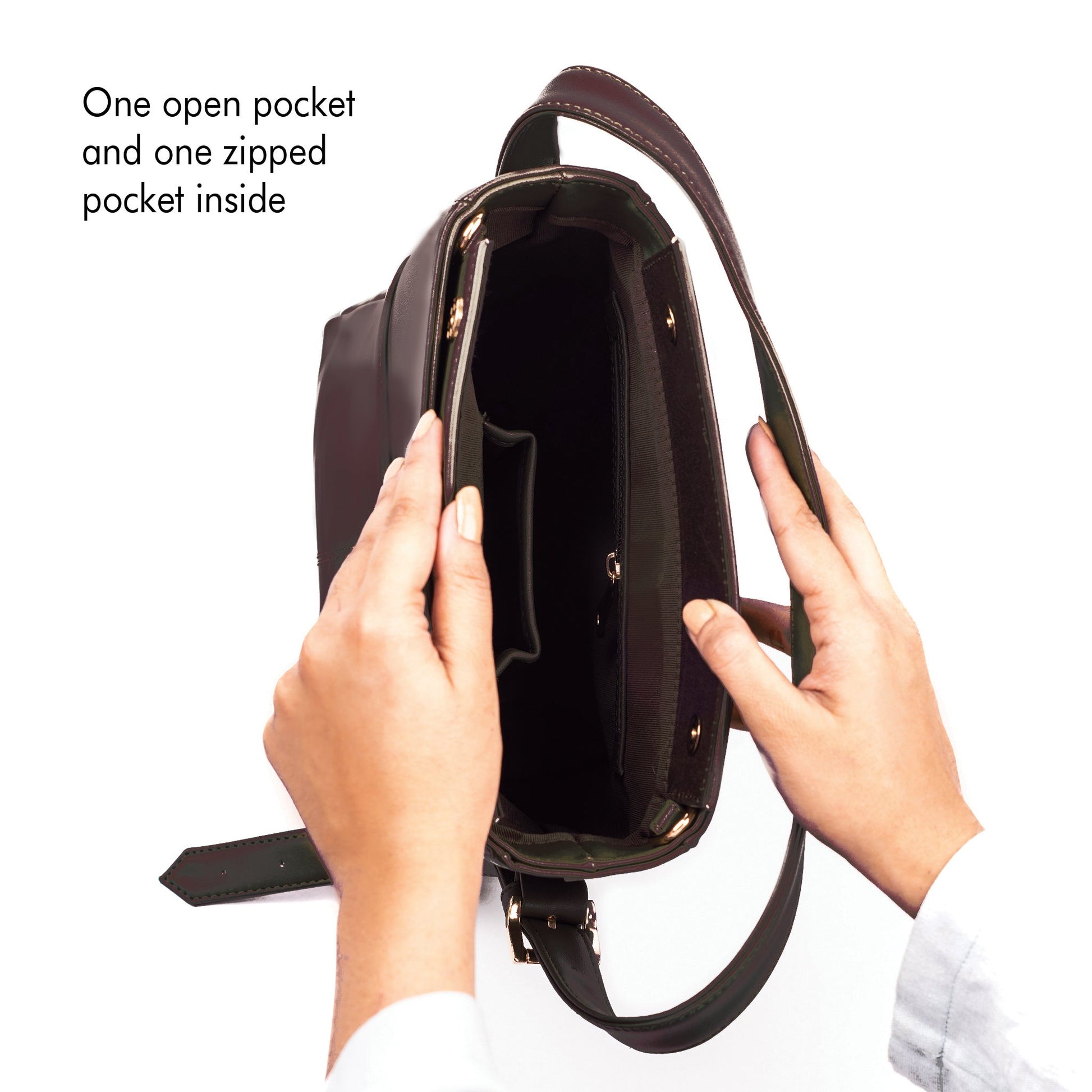 Women's leather shoulder bag with one open pocket and one zipped pocket inside for organization