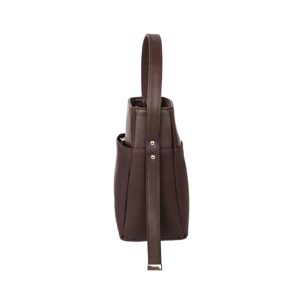 Stylera women's leather shoulder bag with a sleek bucket design and adjustable strap