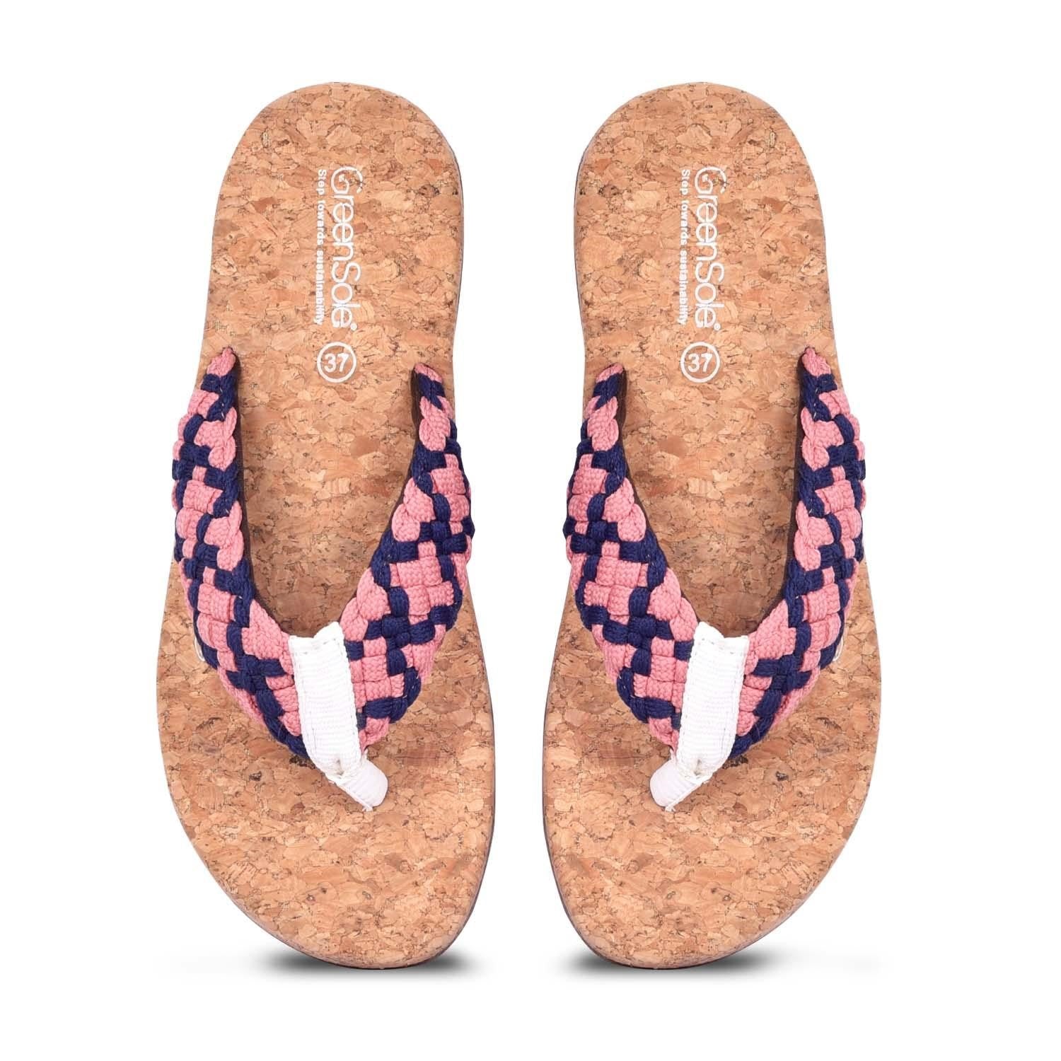 Stylera women's pink slippers with woven strap design and cork footbed for comfort