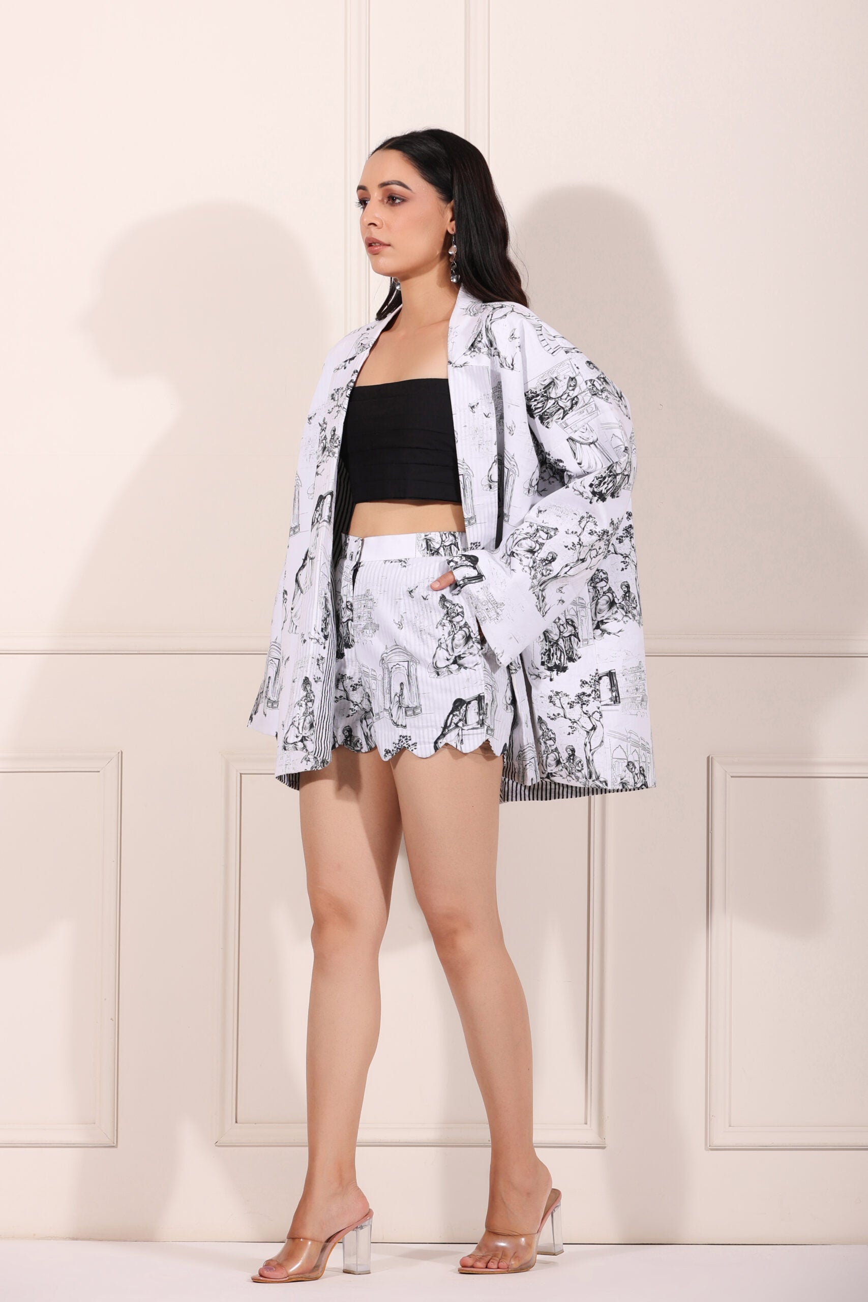 Stylish women's printed blazer shorts set with unique graphic design and chic silhouette