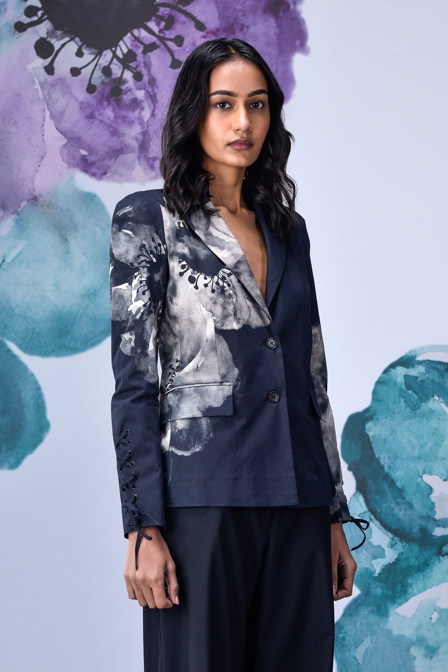 Women's statement blazer for work by Stylera with black and white floral print