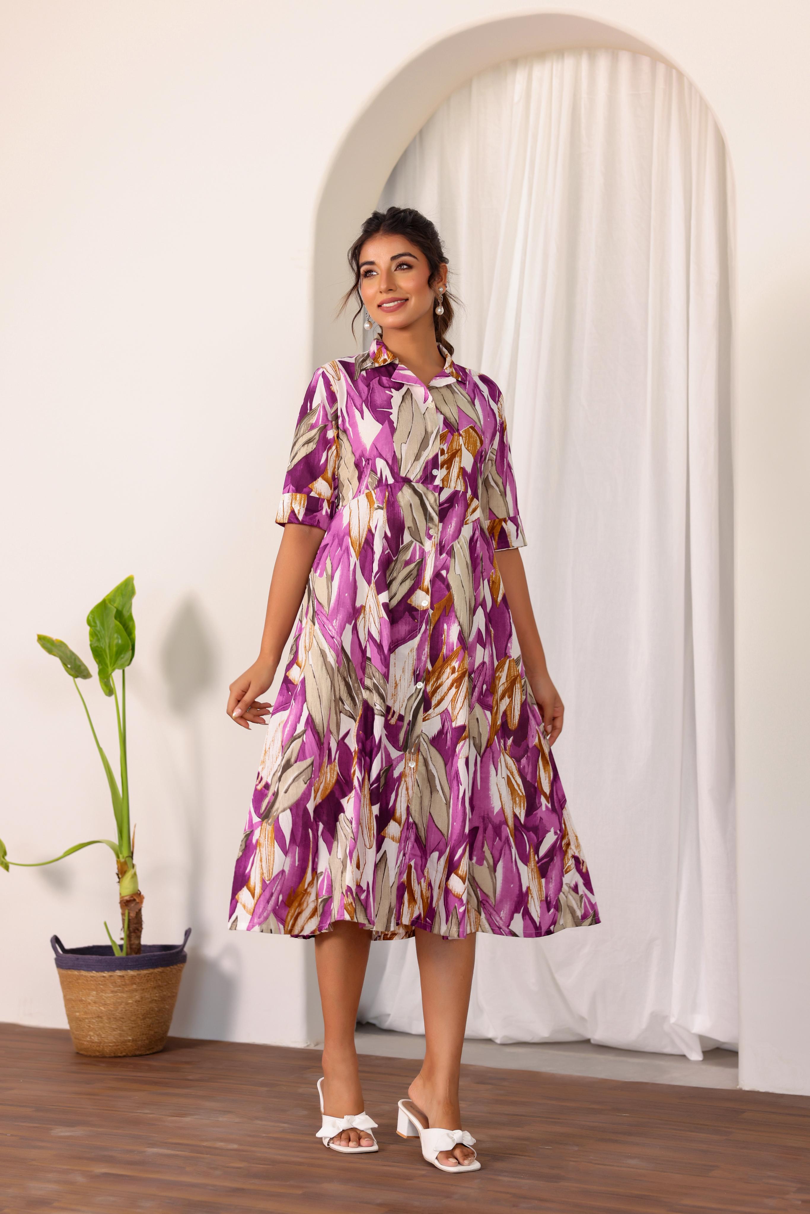 Stylera women's summer cotton dress in vibrant purple with floral print and relaxed fit