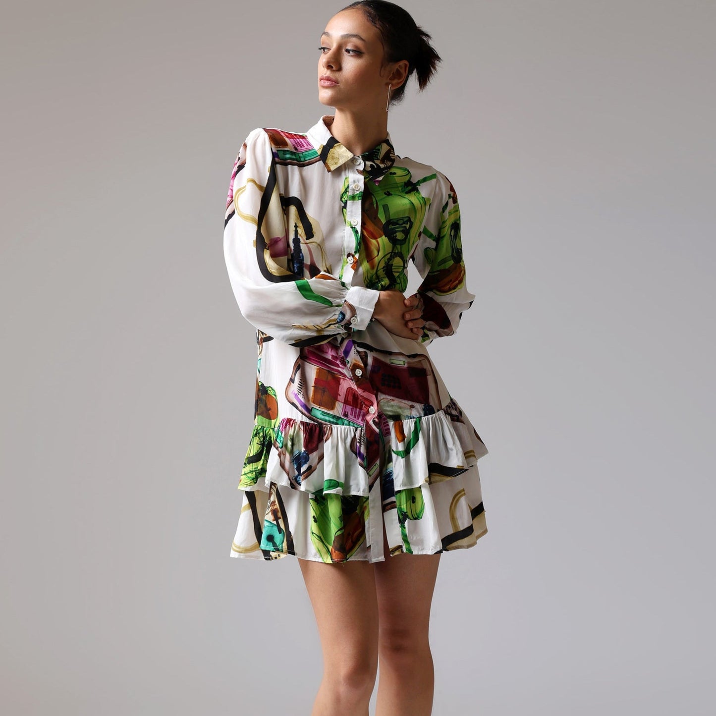 Stylera women's trendy designer dresses with colorful graphic print and ruffled hem for a stylish look