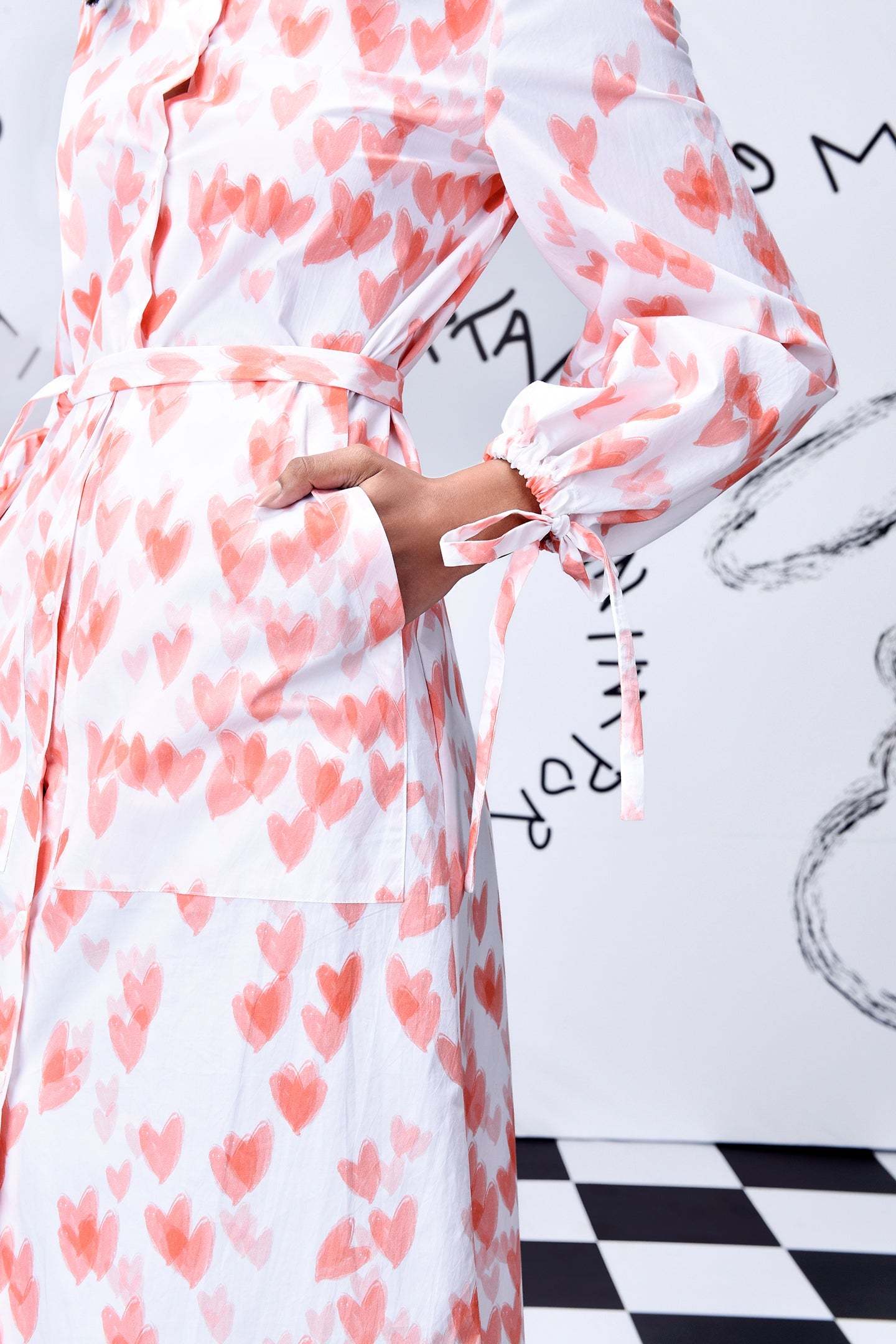 Stylera women's trendy peach dress with coral heart print, belted waist, long sleeves and side pocket