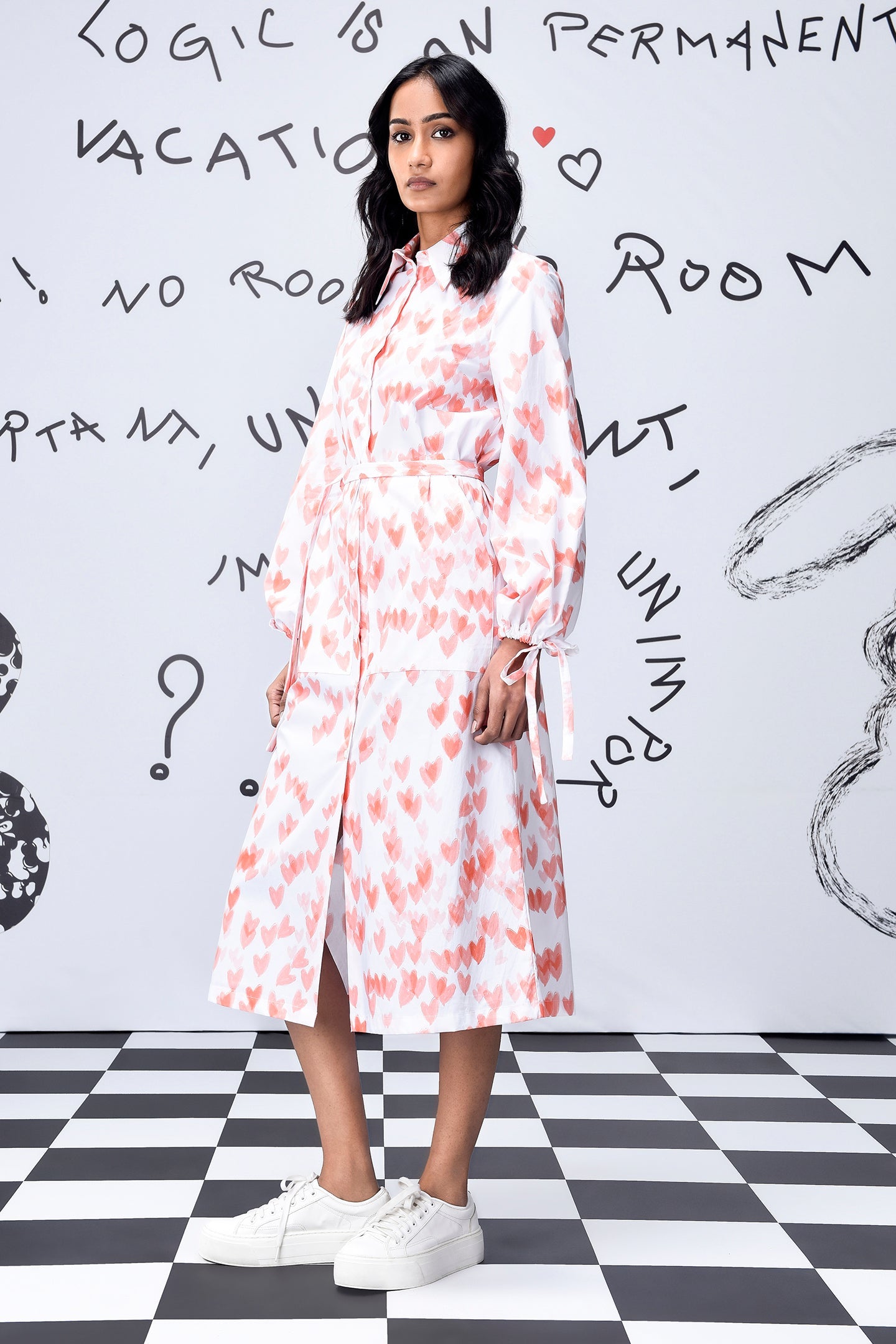 Stylera women's trendy peach dress midi shirt dress with belt long sleeves heart print and white sneakers