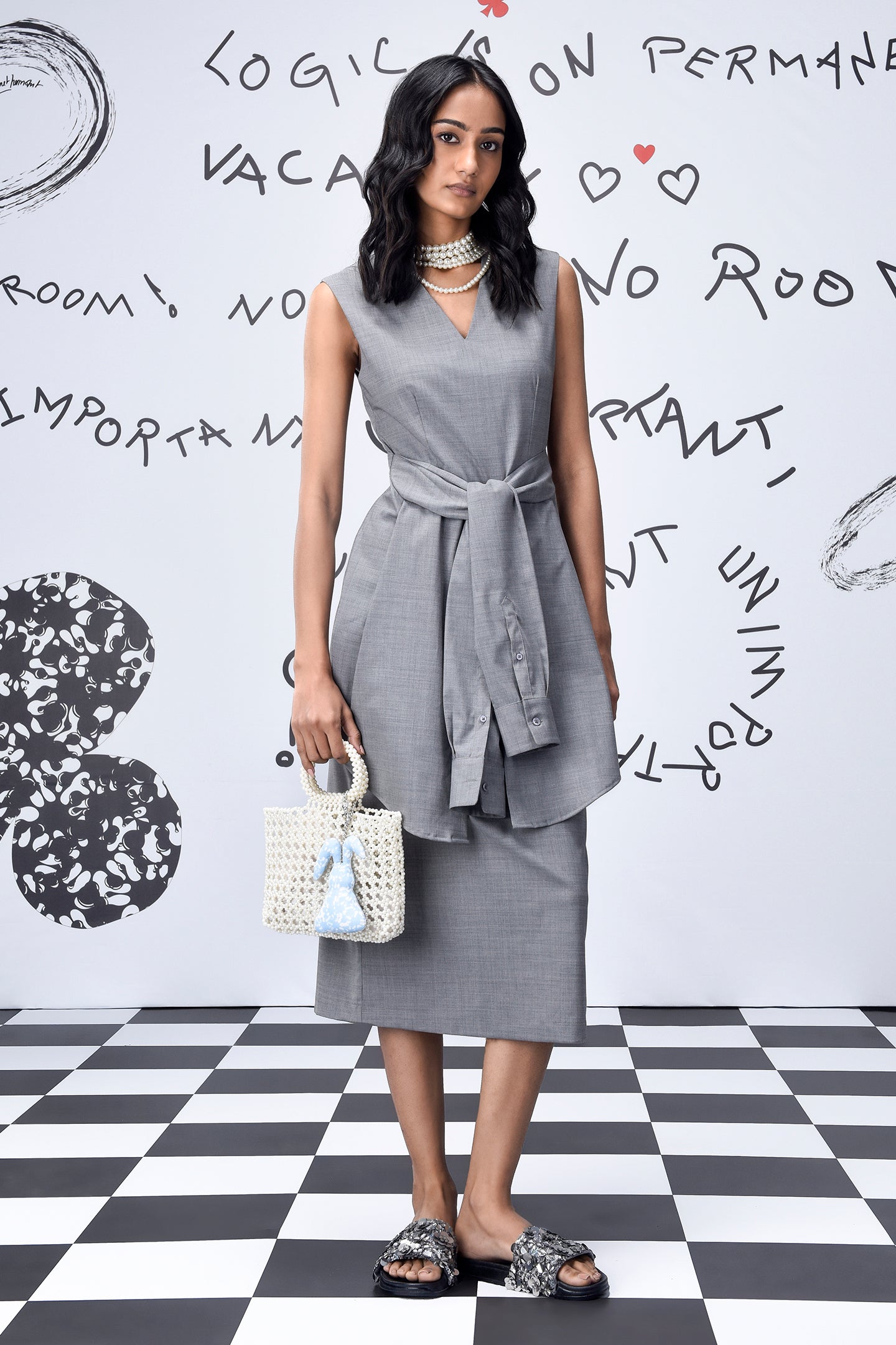 Stylera grey sleeveless wrap wool dress with waist tie and woven bag women's trendy wool dresses