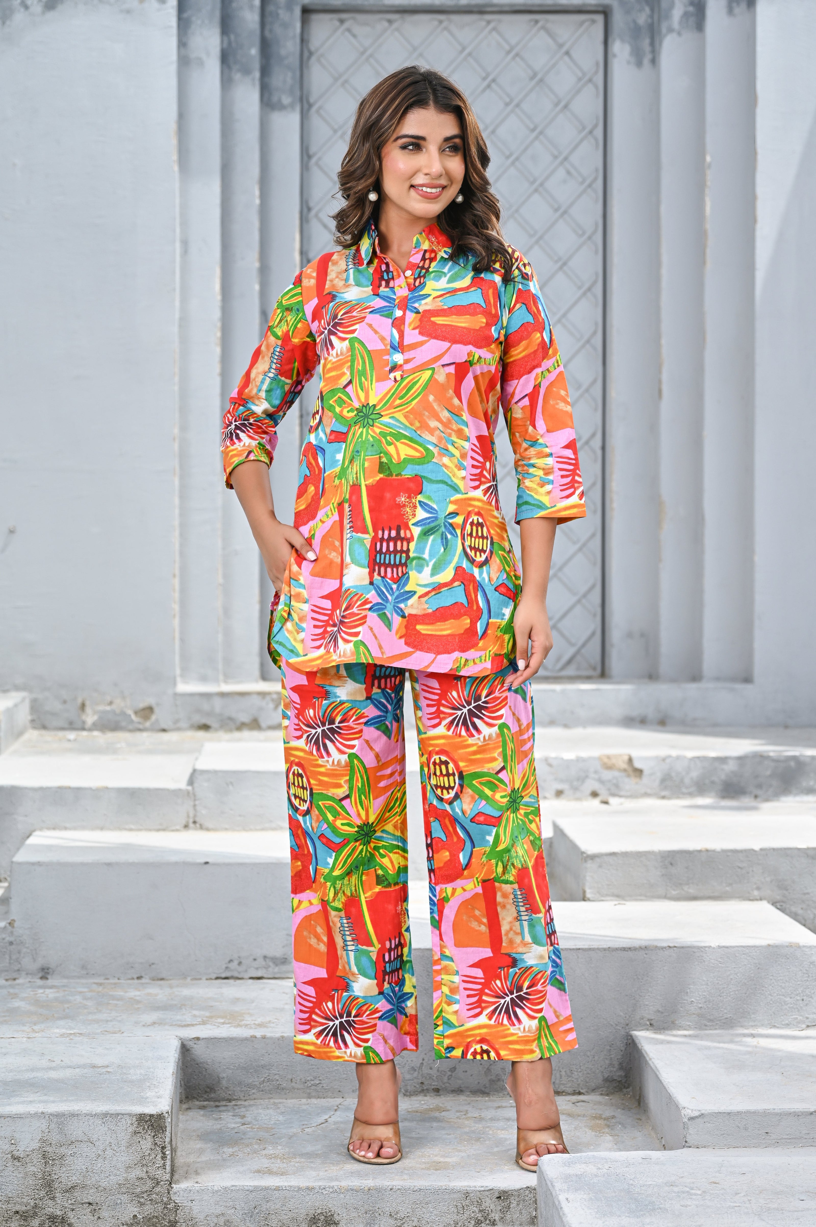 Vibrant women’s tropical print co-ord set featuring a colorful top and matching wide-leg pants
