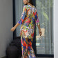 Model wearing a women's vibrant nightwear set with colorful floral patterns and stylish design