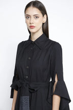Handkerchief Hem Sash-Tie Belt Linen Black Shirtdress