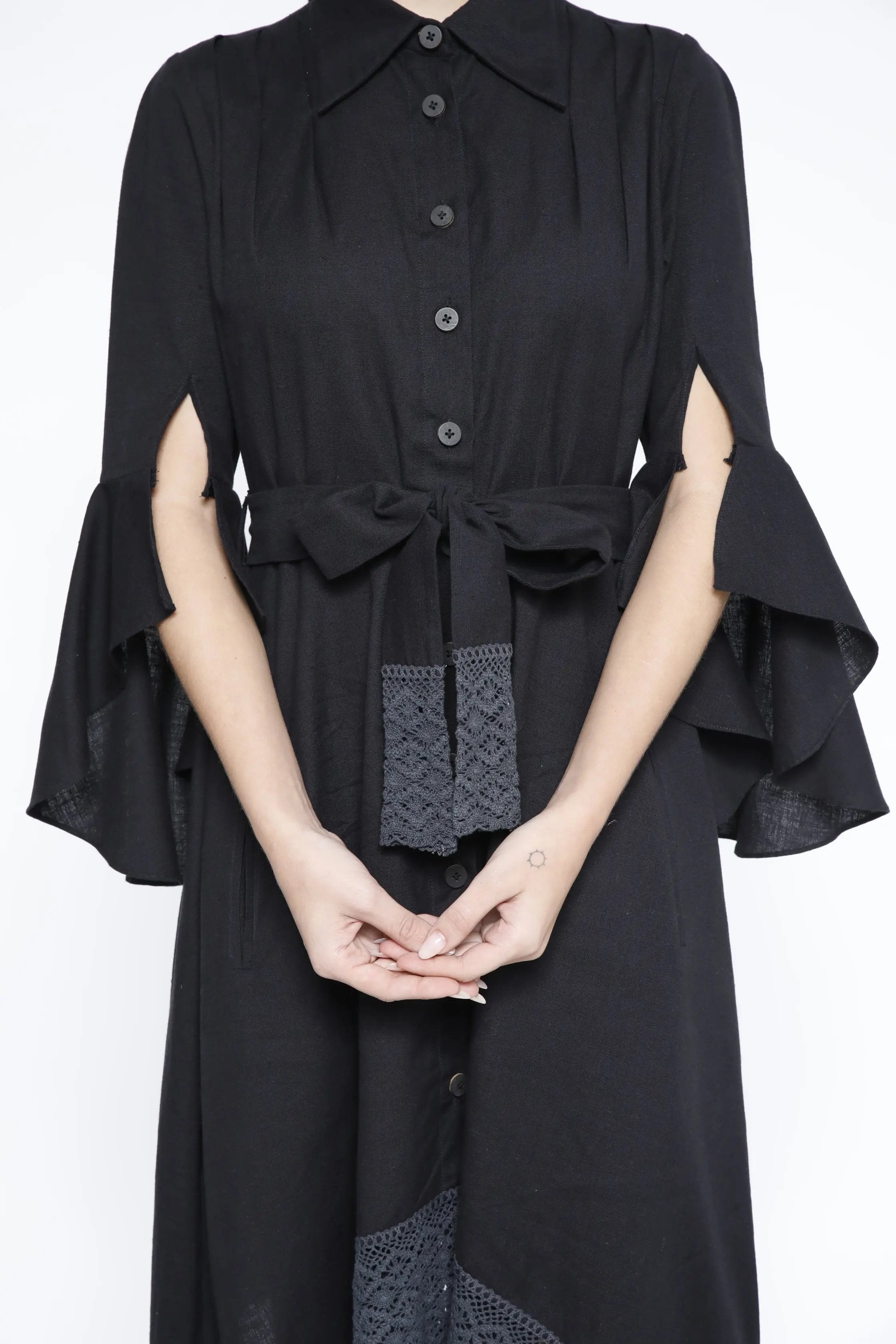 Handkerchief Hem Sash-Tie Belt Linen Black Shirtdress